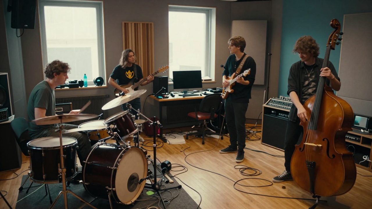 Band speelt live op in een grote opnameruimte met engineer.