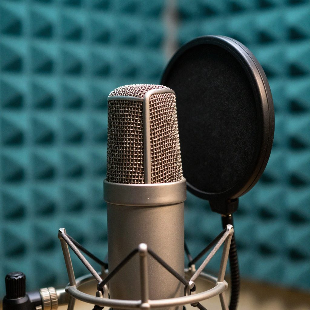 Close-up of a studio microphone with pop filter in booth.