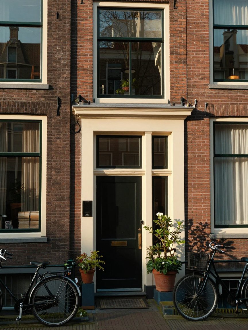 Gevel van een pand in De Pijp met studio-ingang op straatniveau.
