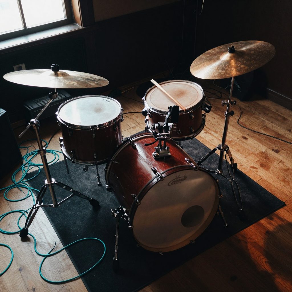 Drumstel op podiumpje klaar voor opname in live room.