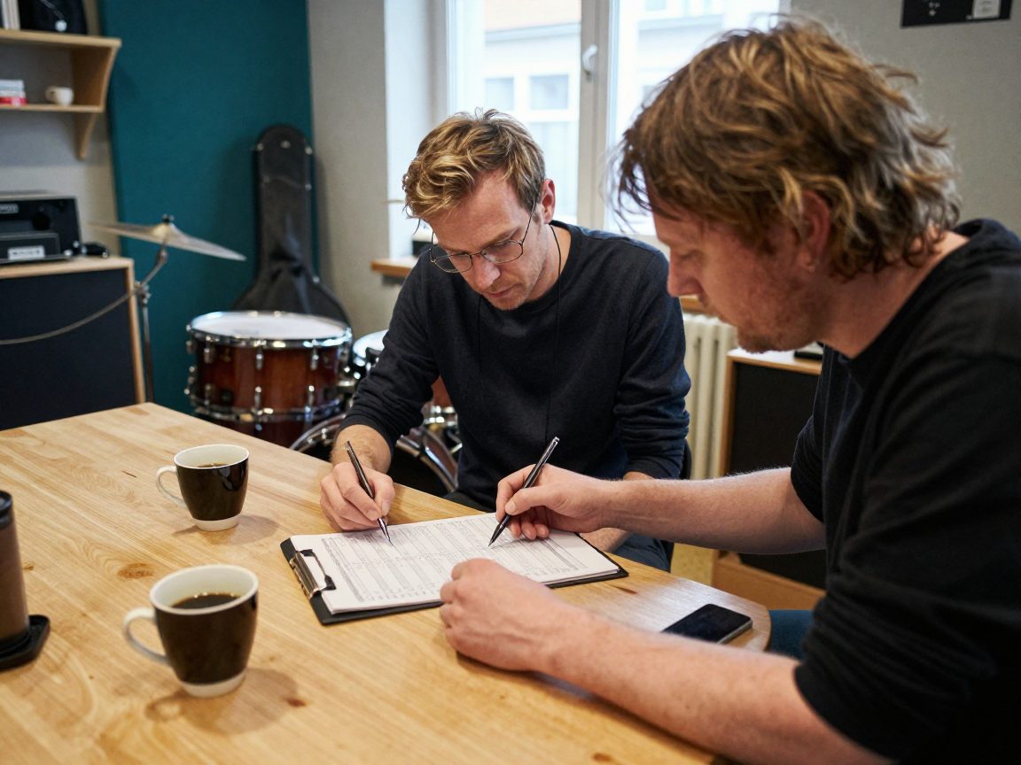 Band discusses session planning at a studio table.
