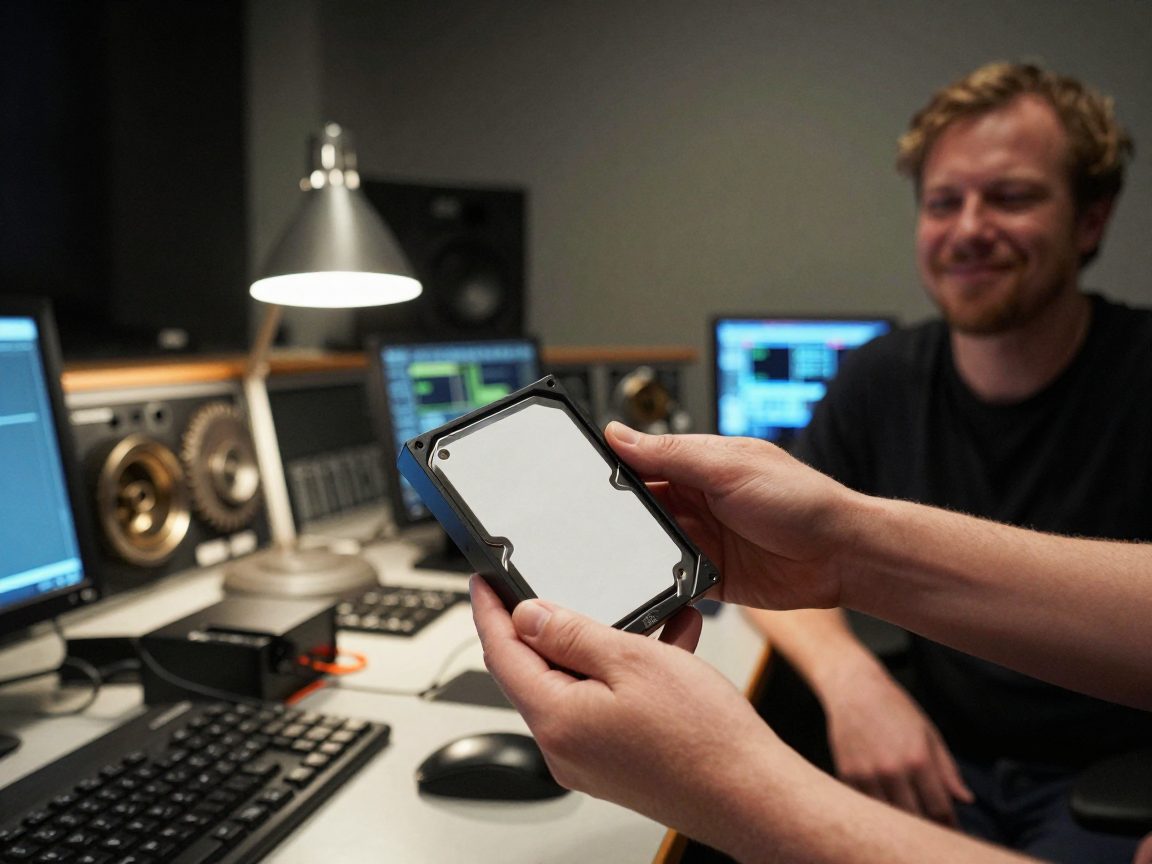 Engineer hands a hard drive to a musician in control room.