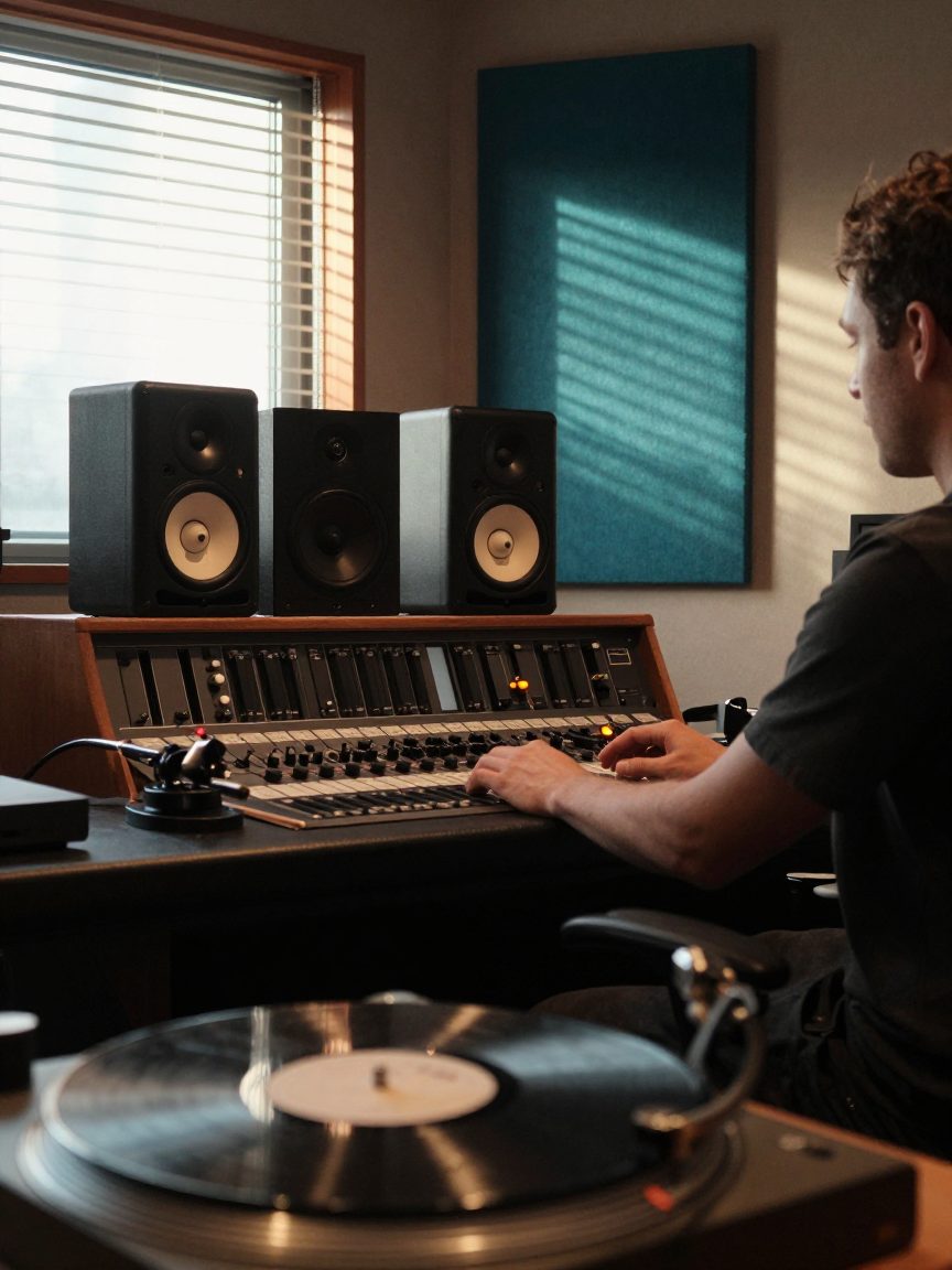 Mastering-engineer luistert tussen grote speakers bij zonlicht.