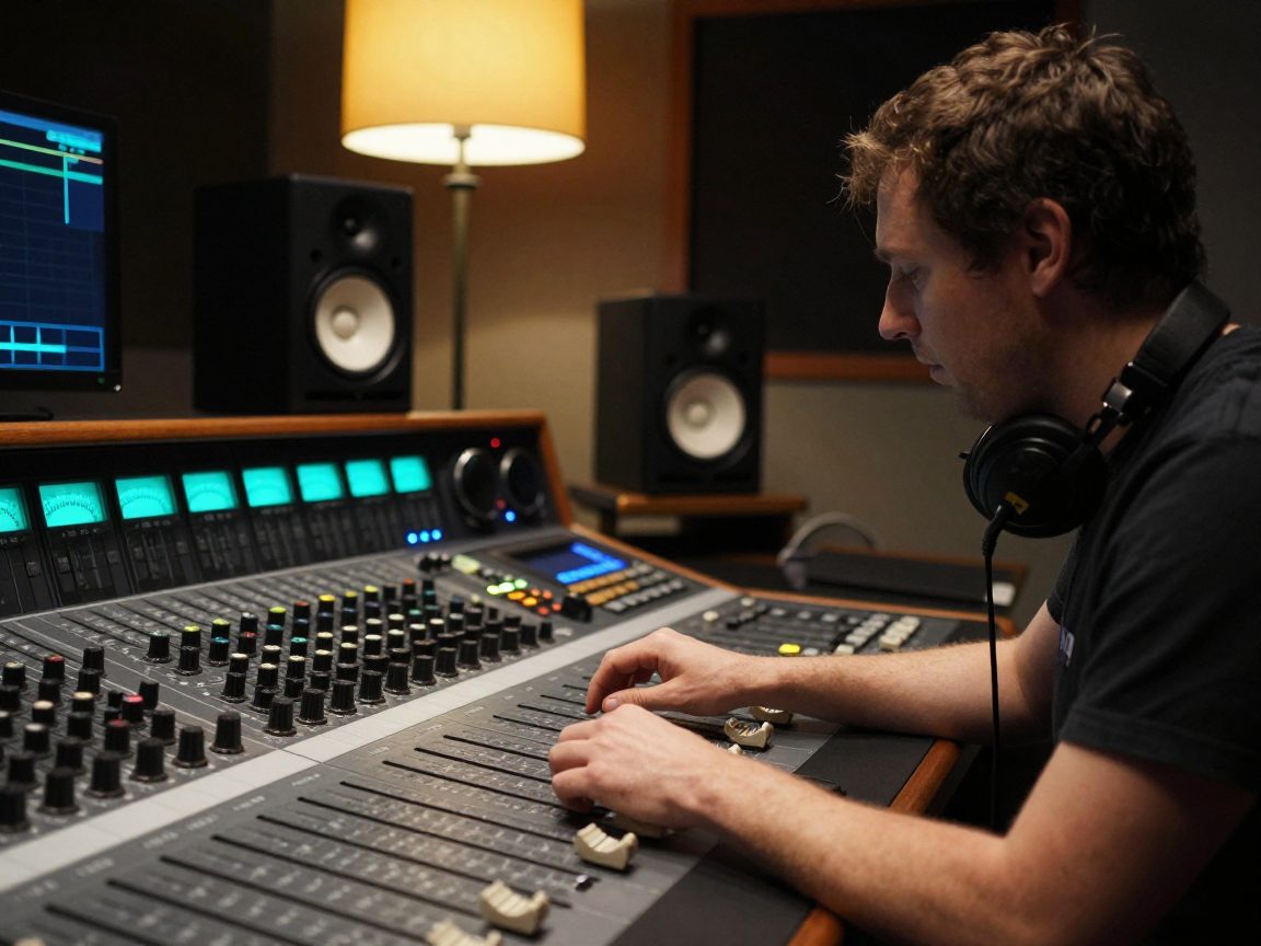 Mix-engineer bedient faders in een donkere regie met monitors.