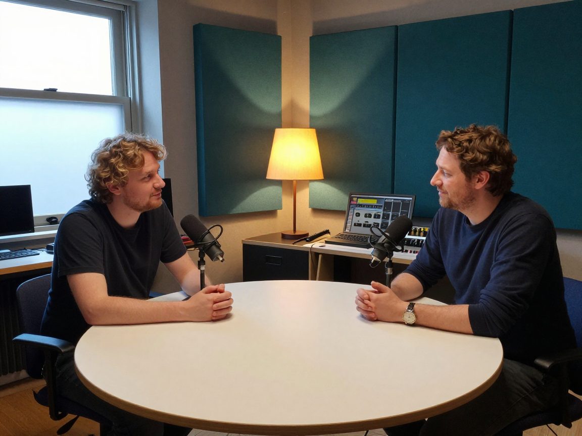 Twee podcastmakers praten aan tafel met engineer op achtergrond.