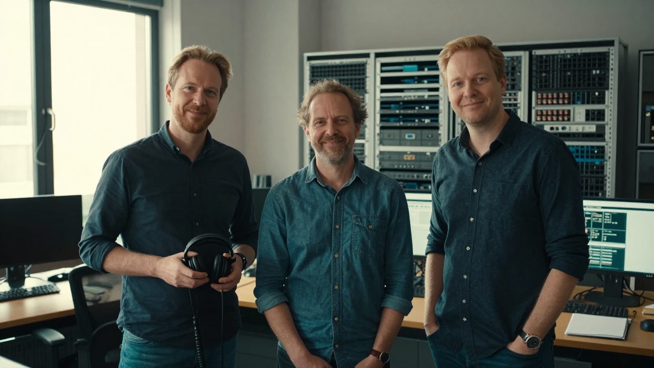 Drie studio-medewerkers staan samen in de regie.