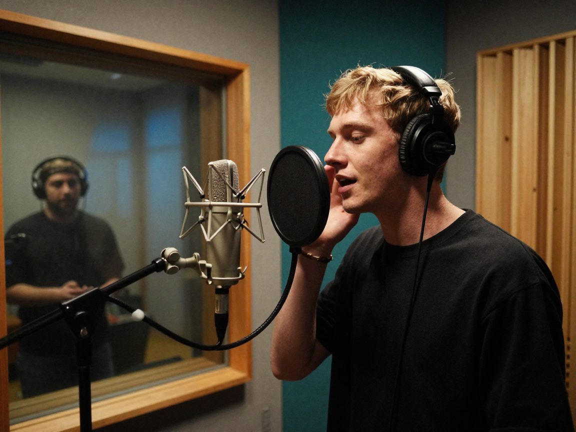 Rapper zingt in een vocal booth terwijl engineer meekijkt.